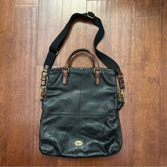 Fossil Explorer Tote in Black Leather with Brown Leather and Brass Accents - Picture 3 of 16